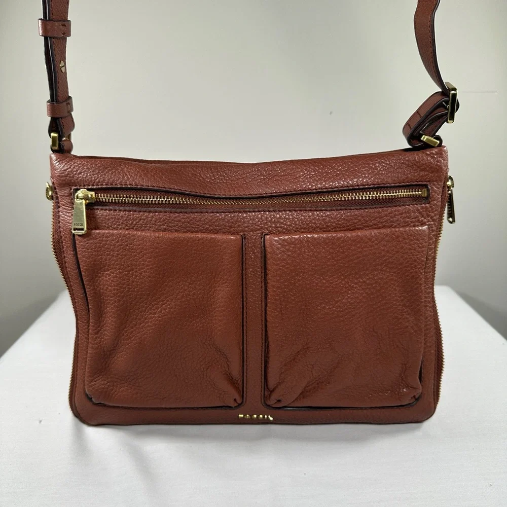 Fossil Piper Brown Pebble Leather Crossbody Small Messenger Bag Expandable
